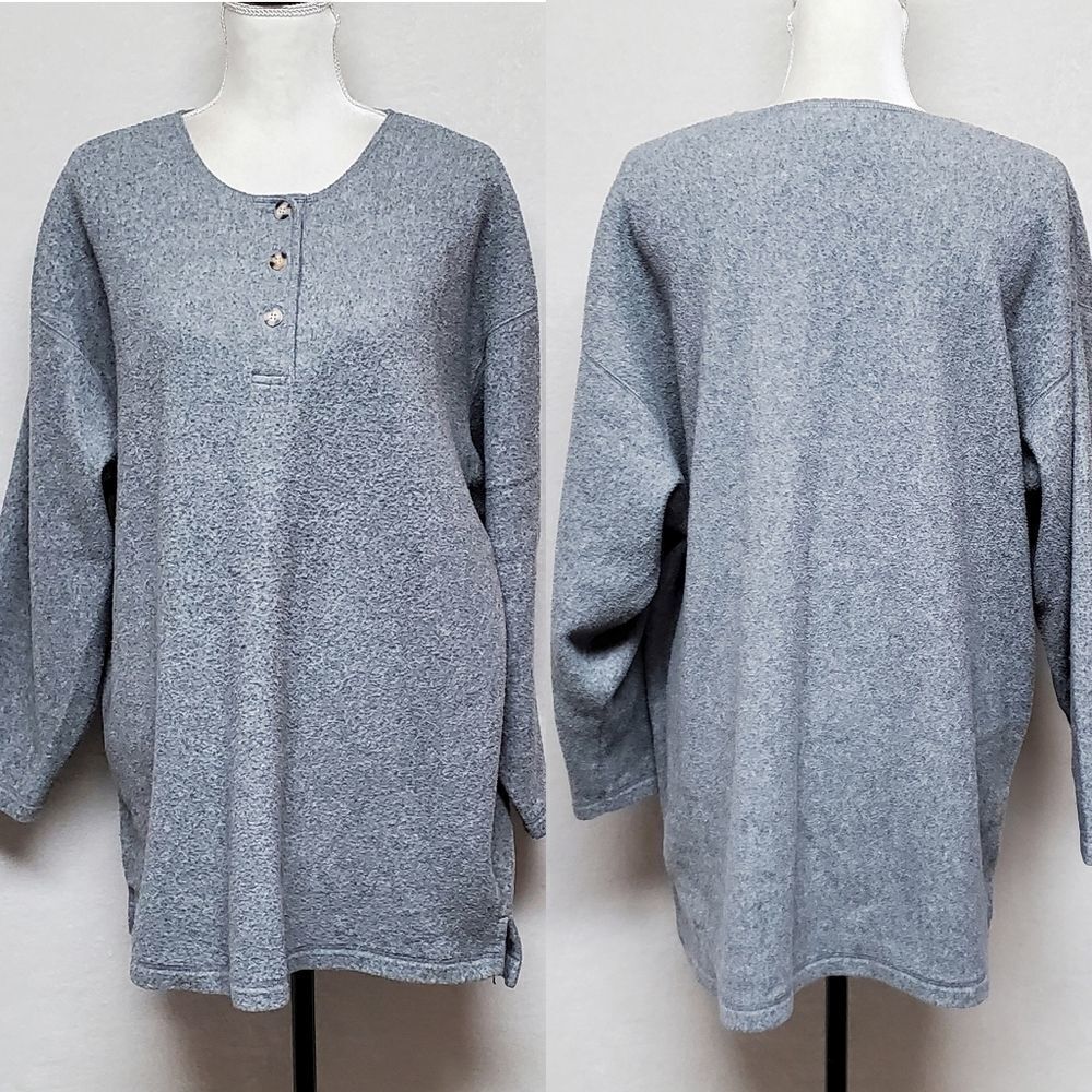 VINTAGE 90s Eddie Bauer Gray Fleece Long Sleeve V-neck Button Pull-over Sweater